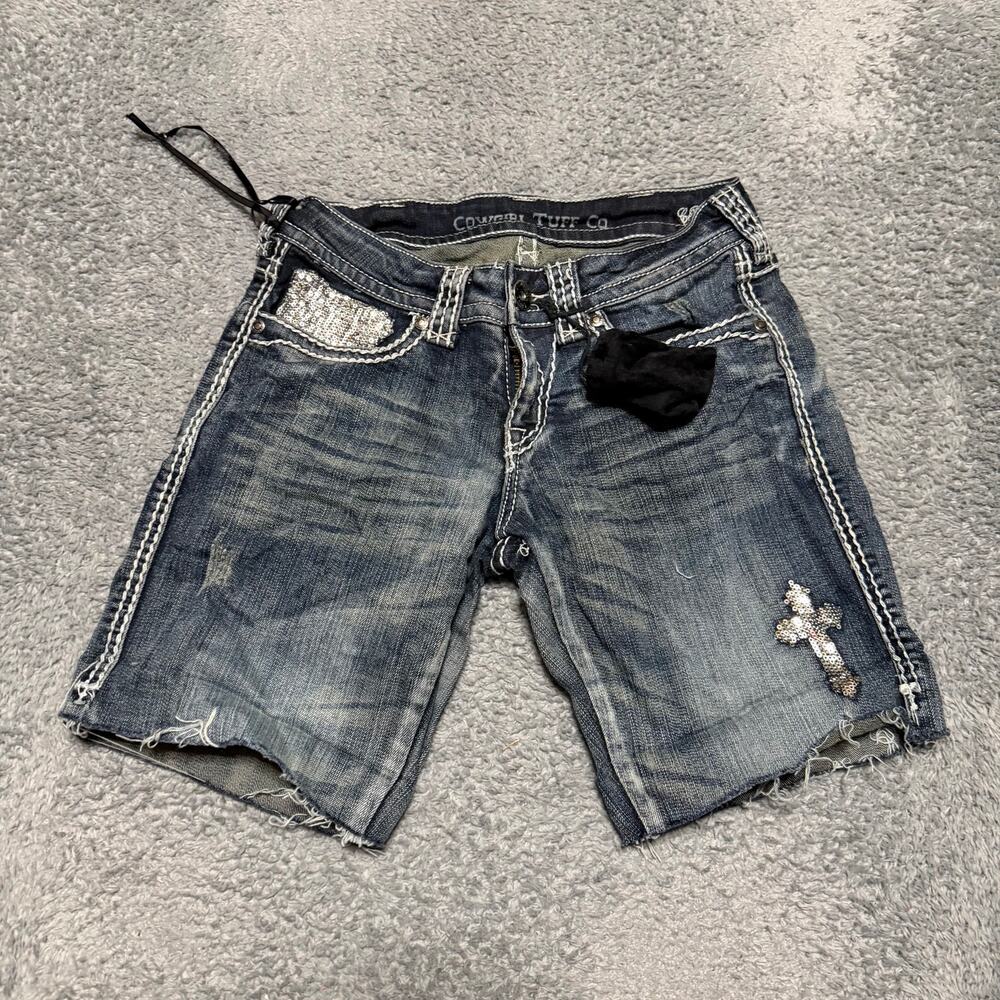 COWGIRL TUFF CO Womens Size 25 Crosses Shimmer Blue Denim Shorts Cuffed